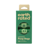 Green package of earth rated poop bags with a clear window showing the product inside.