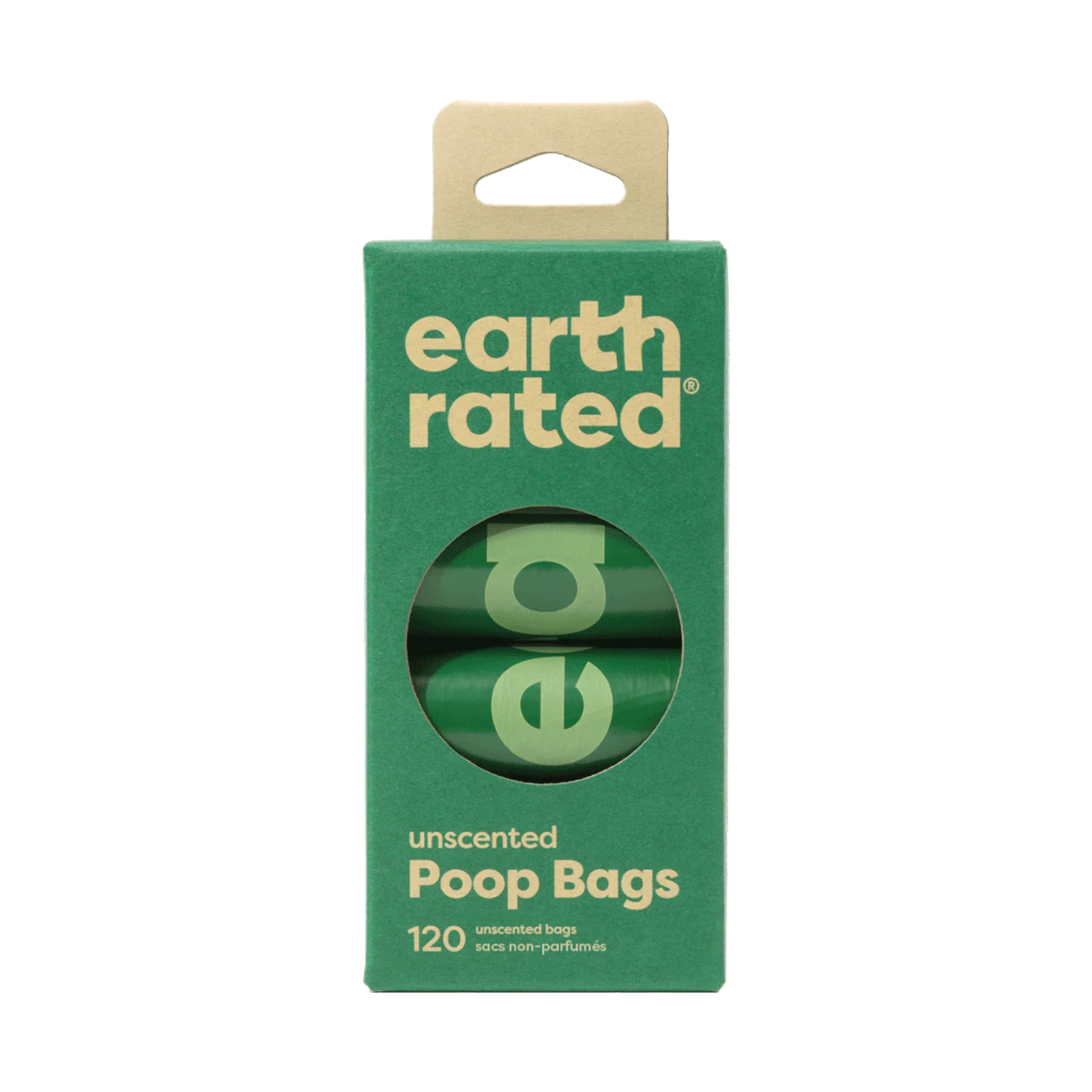 Green package of earth rated poop bags with a clear window showing the product inside.