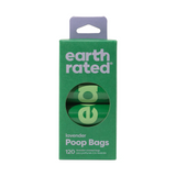 Green package of Earth Rated lavender poop bags on a white background