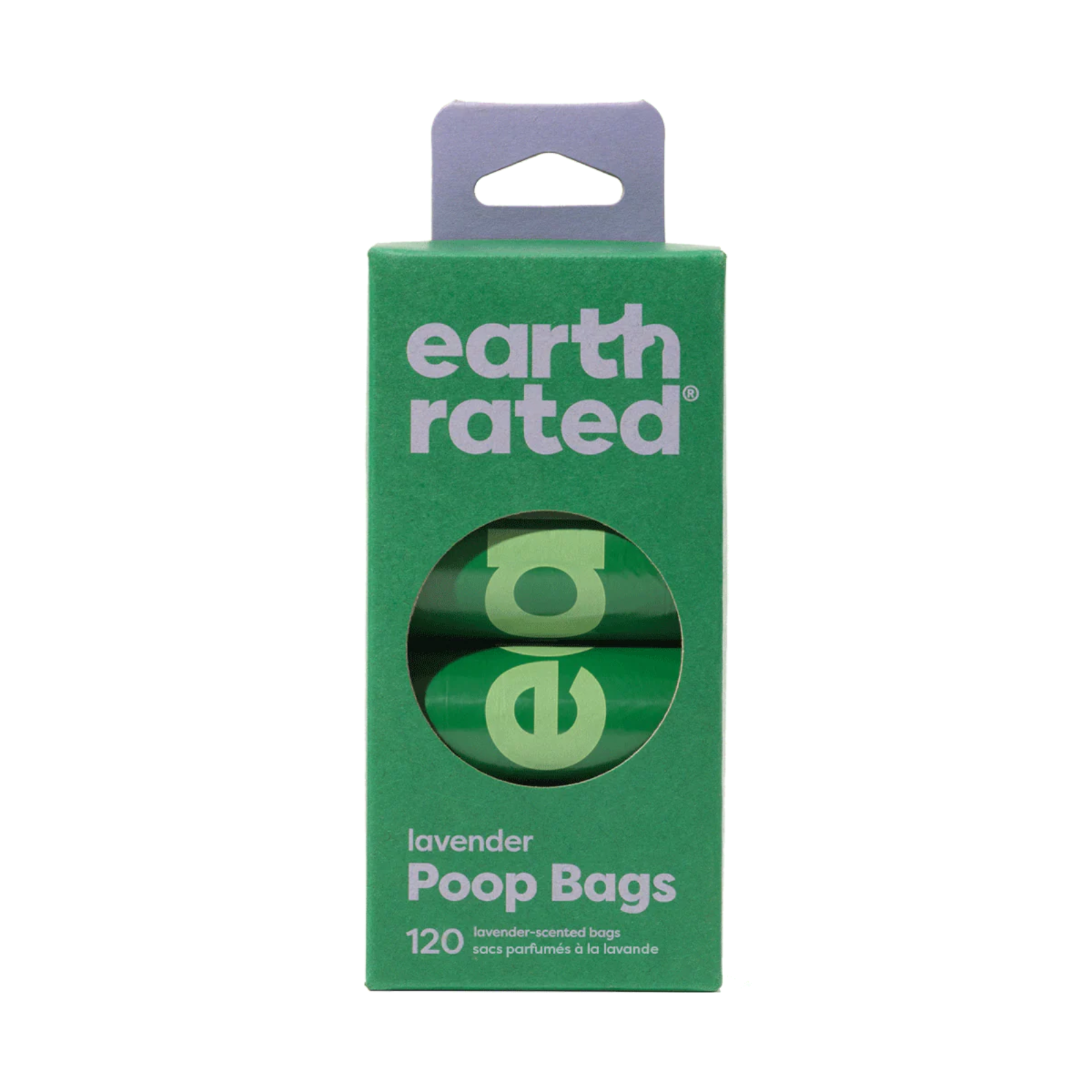 Green package of Earth Rated lavender poop bags on a white background
