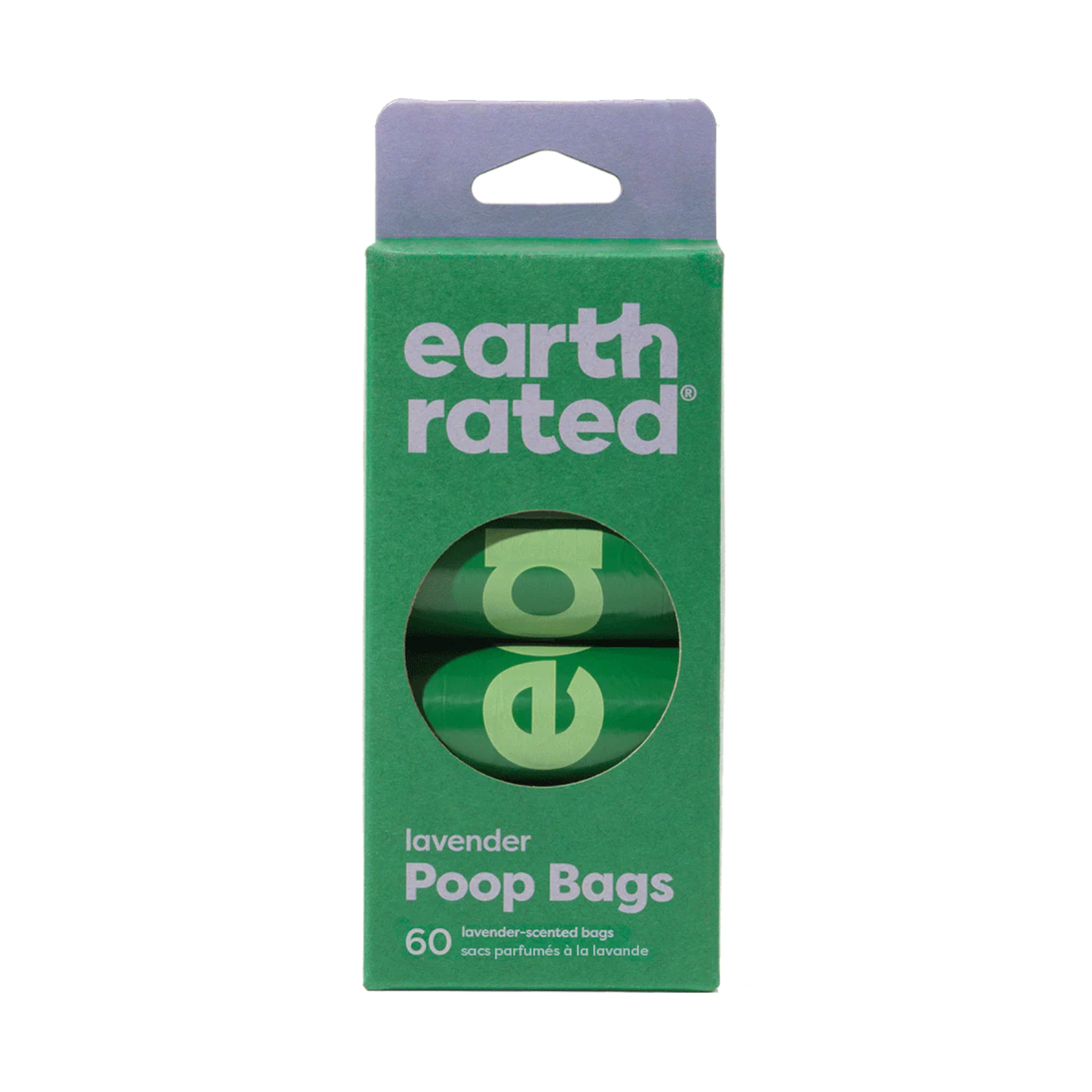 Green package of earth rated lavender poop bags on a white background