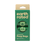 Green package of earth rated poop bags with a clear window showing the product inside.
