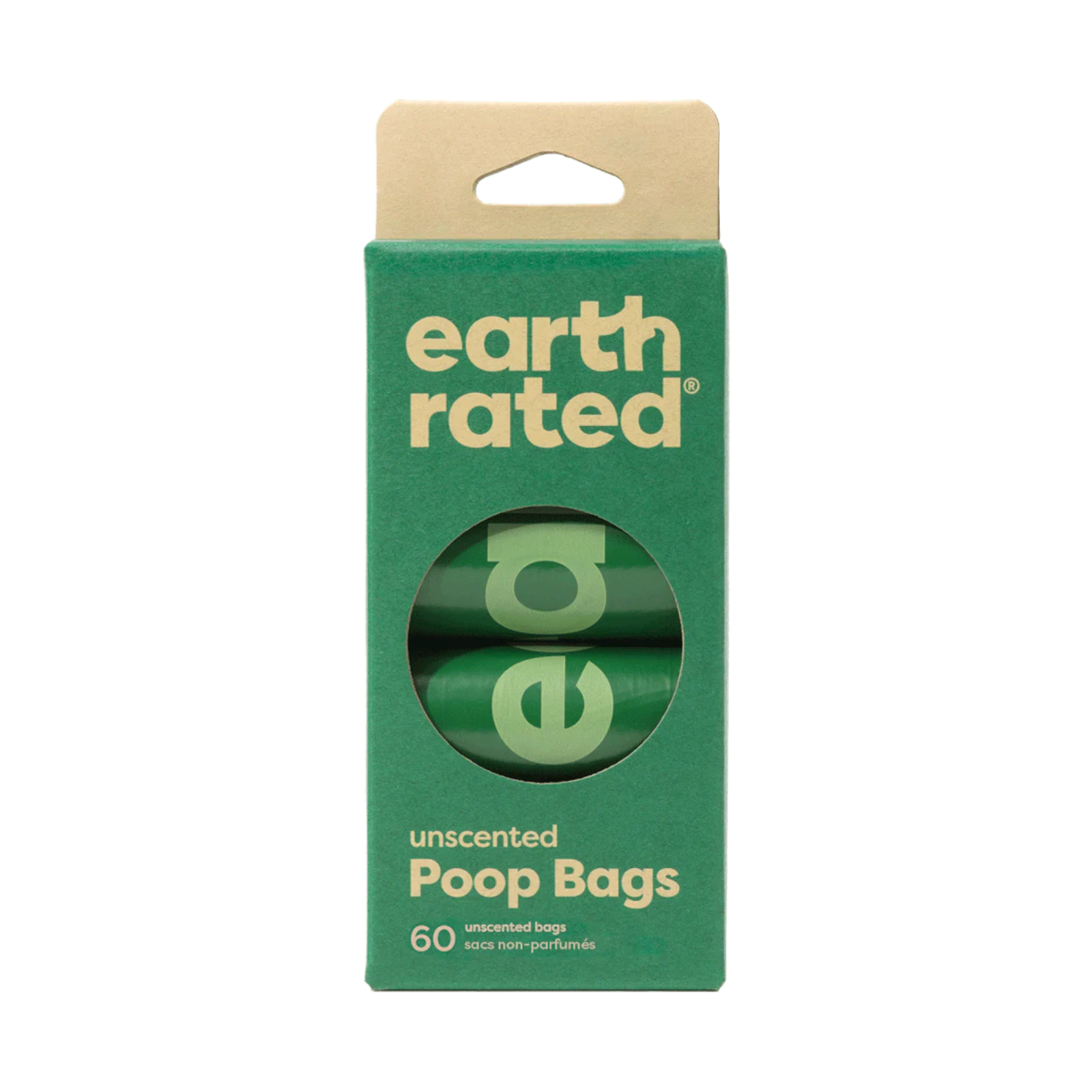 Green package of earth rated poop bags with a clear window showing the product inside.