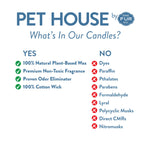 List of features and ingredients for Pet House candles on a white background