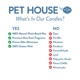 List of features and ingredients for Pet House candles on a white background