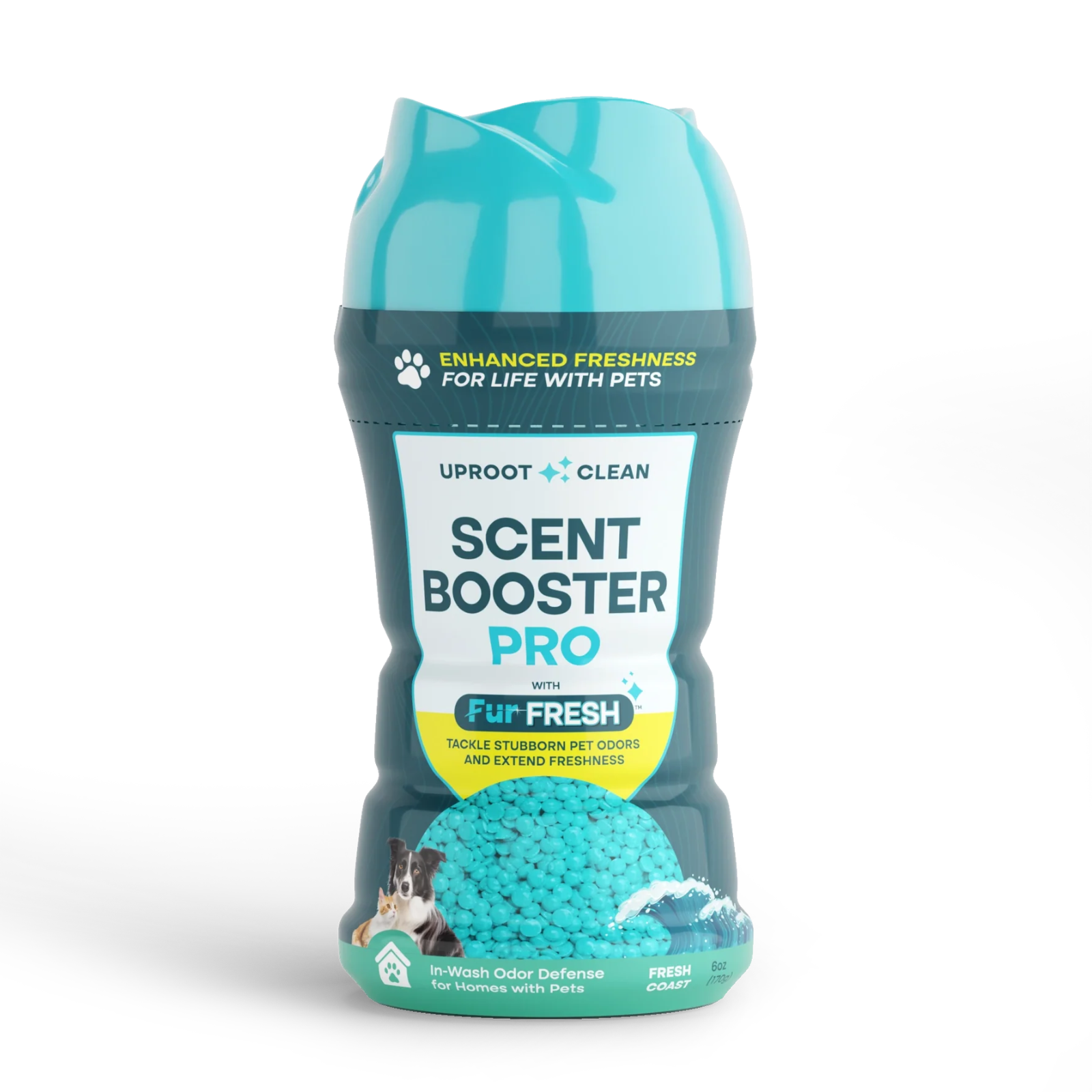 A bottle of Uproot + Clean Scent Booster Pro pet odor remover, featuring a bright teal cap and a dark gray body with a label showing blue granules and a dog and cat illustration.