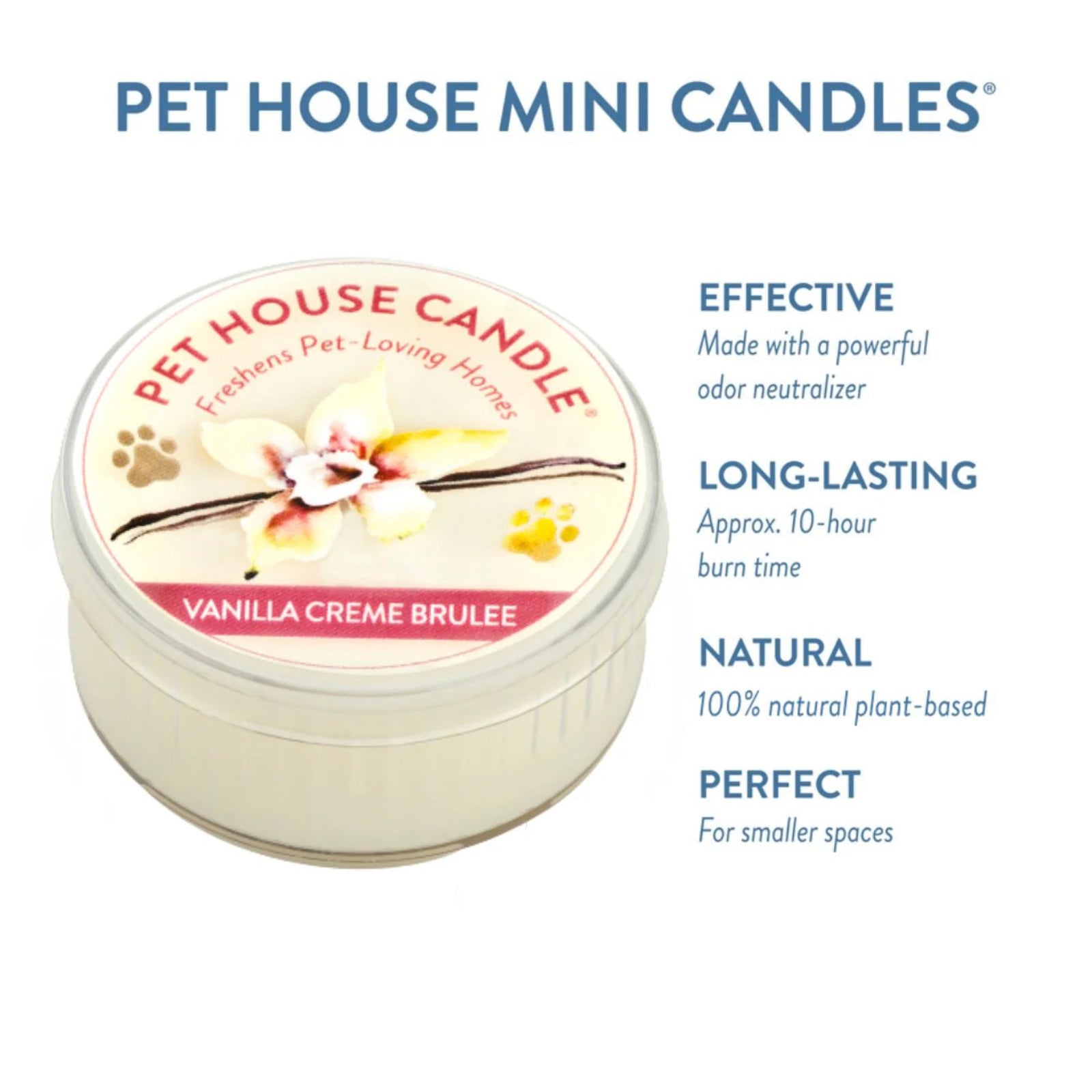 Pet House Mini Candle in Vanilla Creme Brulee flavor with product details on a white background