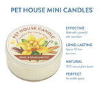 Pet House Vanilla Sandalwood candle with product details on a white background