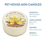 Pet House Vanilla Sandalwood candle with product details on a white background