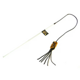 Cat toy with a string and feather on a white background