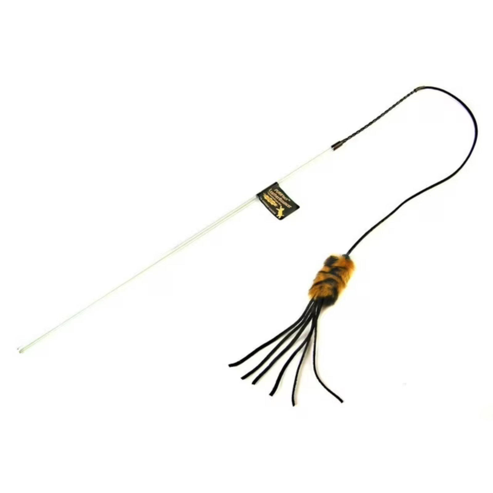 Cat toy with a string and feather on a white background