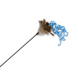 Cat toy with feather and blue ribbon on a white background