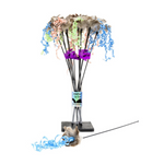 Cat toy with feathers and a small animal on a white background