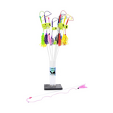 Colorful fishing lure set on a stand with a white background