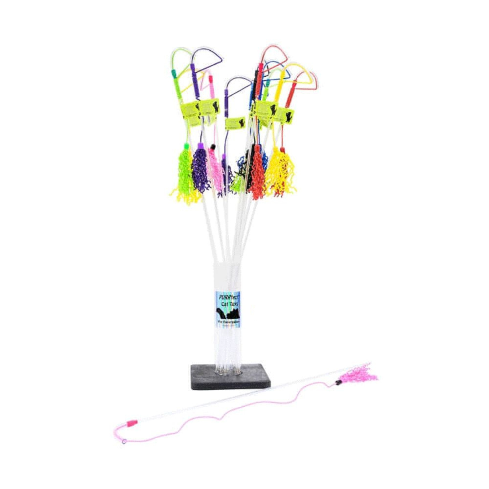 Colorful fishing lure set on a stand with a white background