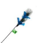 Cat toy with blue feathers on a white background