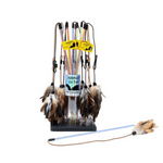 Cat toy set with feathers and lights on a white background