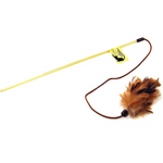 Cat toy with feather and yellow handle on a white background