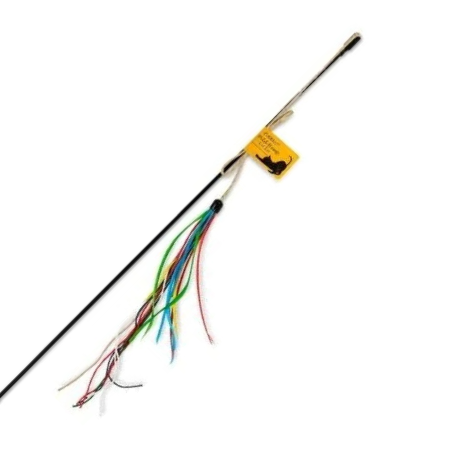 Colorful cat toy wand with a label on a white background