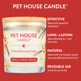 Pet House Candle jar with vanilla crème brèleé flavor on a red background