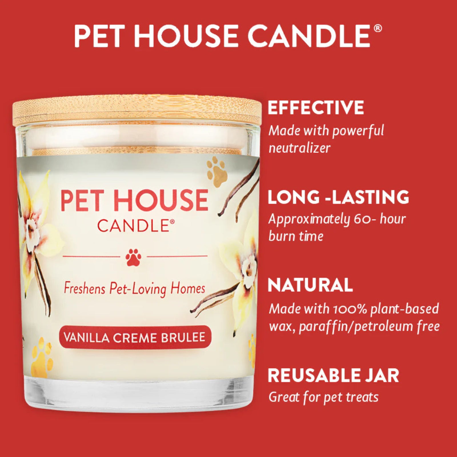 Pet House Candle jar with vanilla crème brèleé flavor on a red background