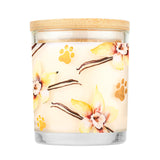 Candle with floral and paw print design on a white background