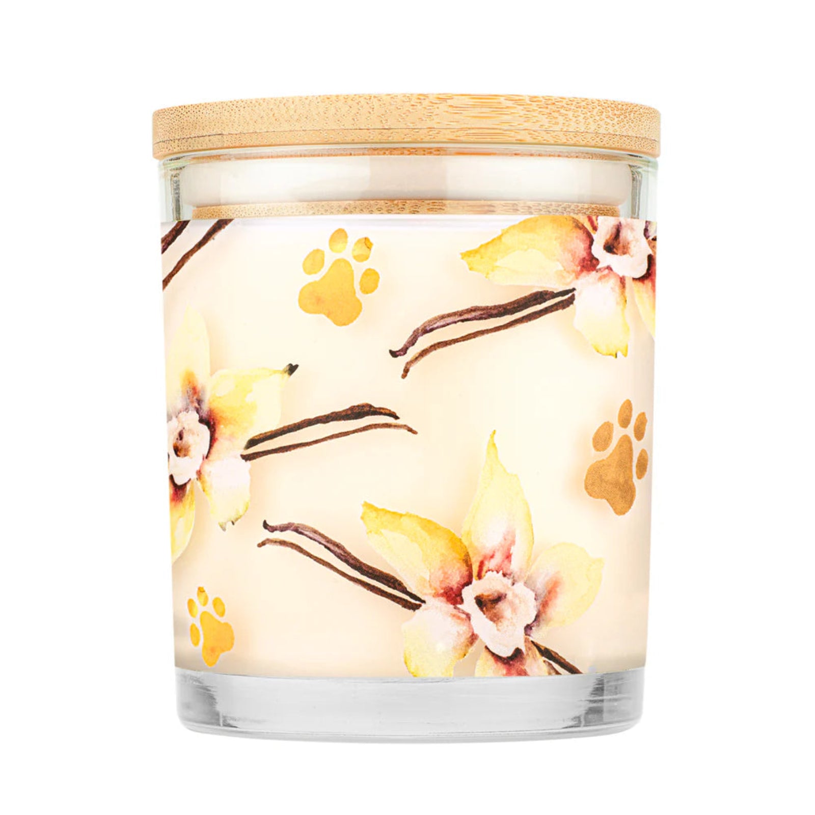 Candle with floral and paw print design on a white background