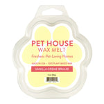 Pet House Wax Melt packaging with paw shape and vanilla crème brèlé flavor on a white background