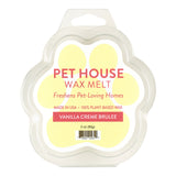 Pet House Wax Melt packaging with paw shape and vanilla crème brèlé flavor on a white background