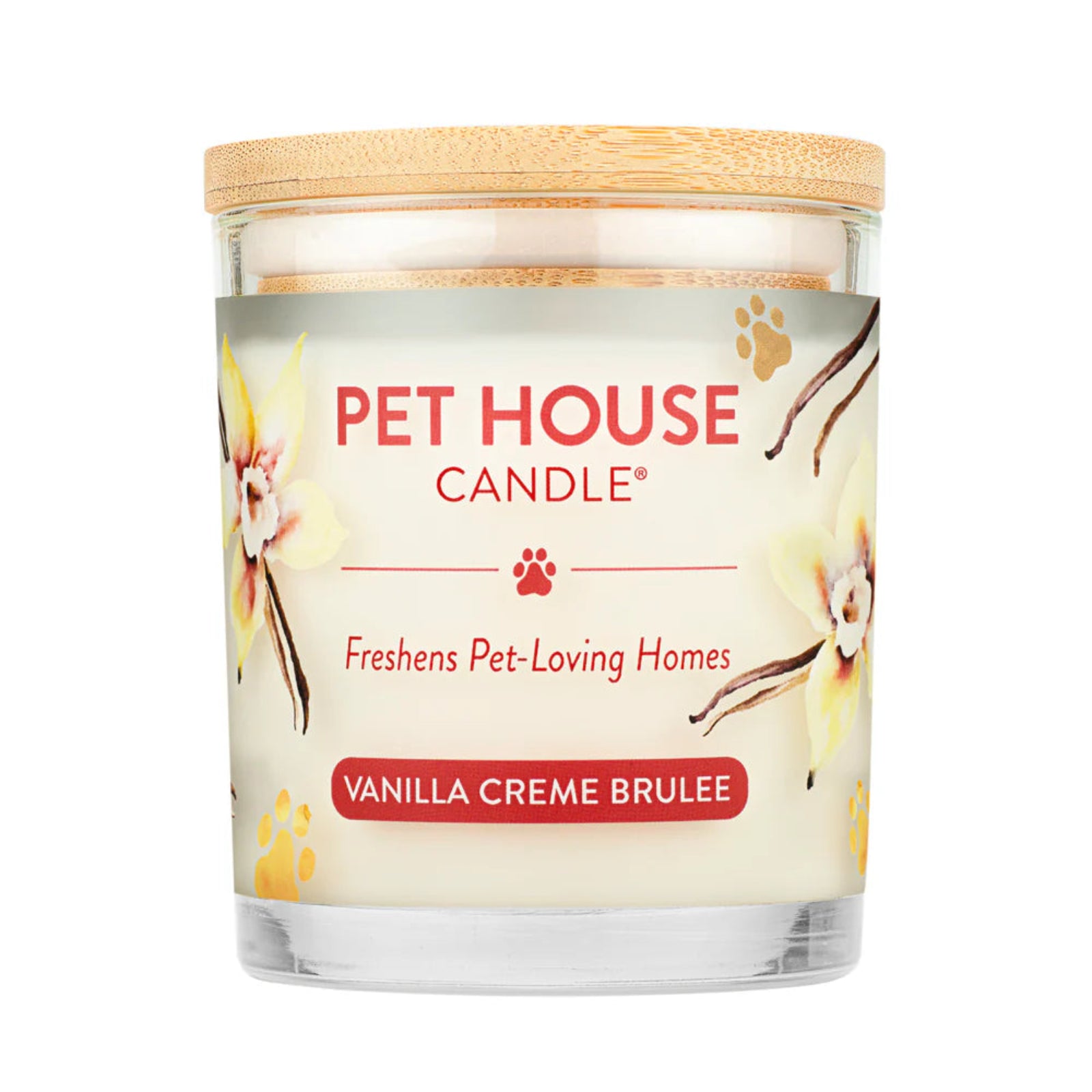 Pet House Candle with vanilla crème brèle fragrance on a white background