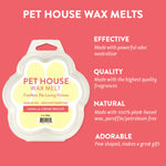 Pet House Wax Melts packaging with product details on a pink background
