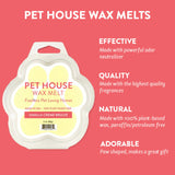 Pet House Wax Melts packaging with product details on a pink background