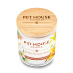 Pet House Candle with vanilla sandalwood scent on a white background