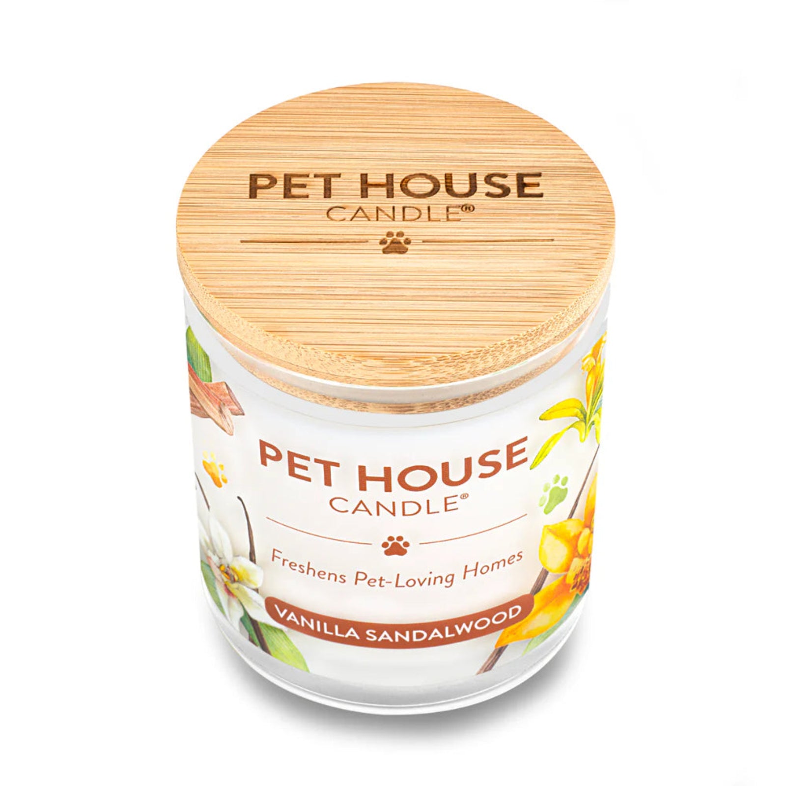 Pet House Candle with vanilla sandalwood scent on a white background