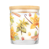 Candle with floral design and wooden lid on a white background