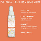 Pet house freshening room spray bottle with features on an orange background