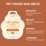 Pet House Wax Melts packaging with product details on a brown background