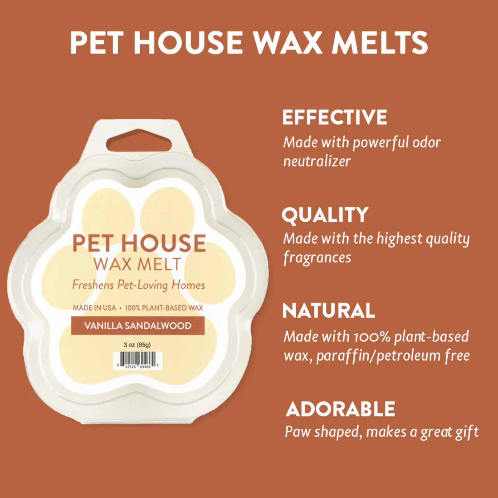 Pet House Wax Melts packaging with product details on a brown background