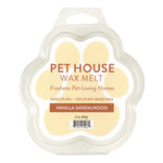 Pet House Wax Melt packaging with vanilla sandalwood scent on a white background