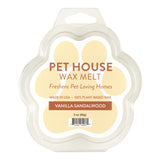 Pet House Wax Melt packaging with vanilla sandalwood scent on a white background