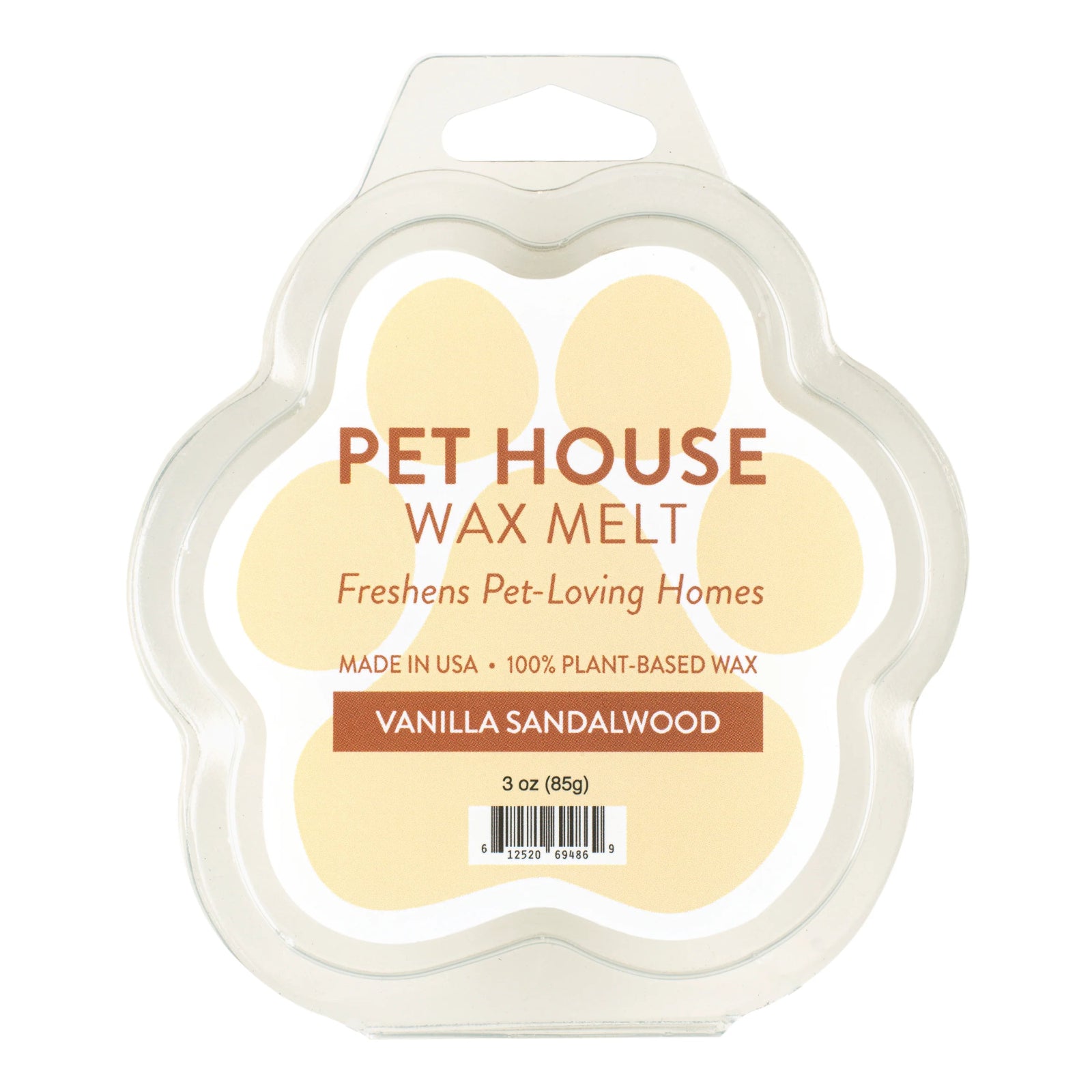 Pet House Wax Melt packaging with vanilla sandalwood scent on a white background