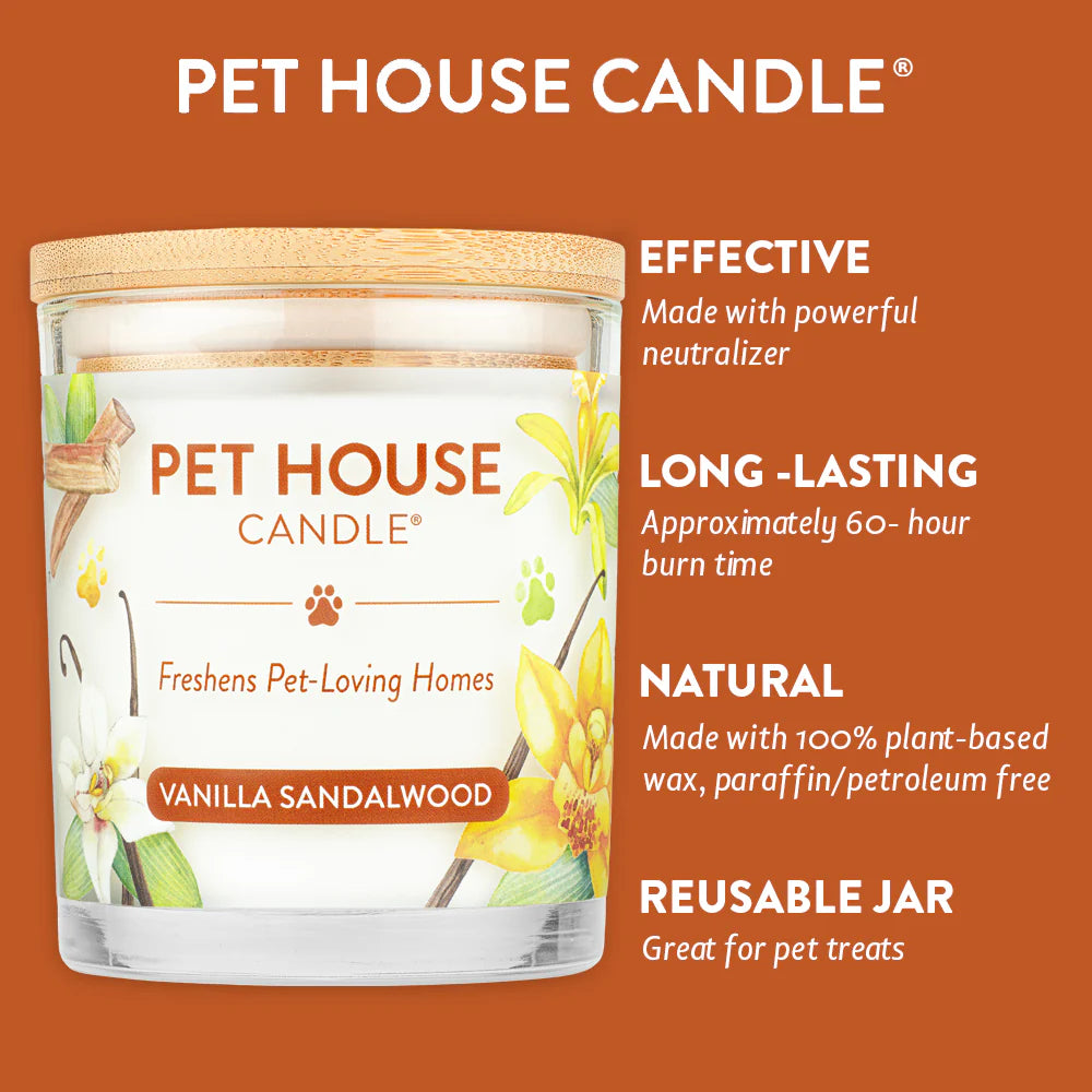 Pet House Candle with vanilla sandalwood scent on an orange background
