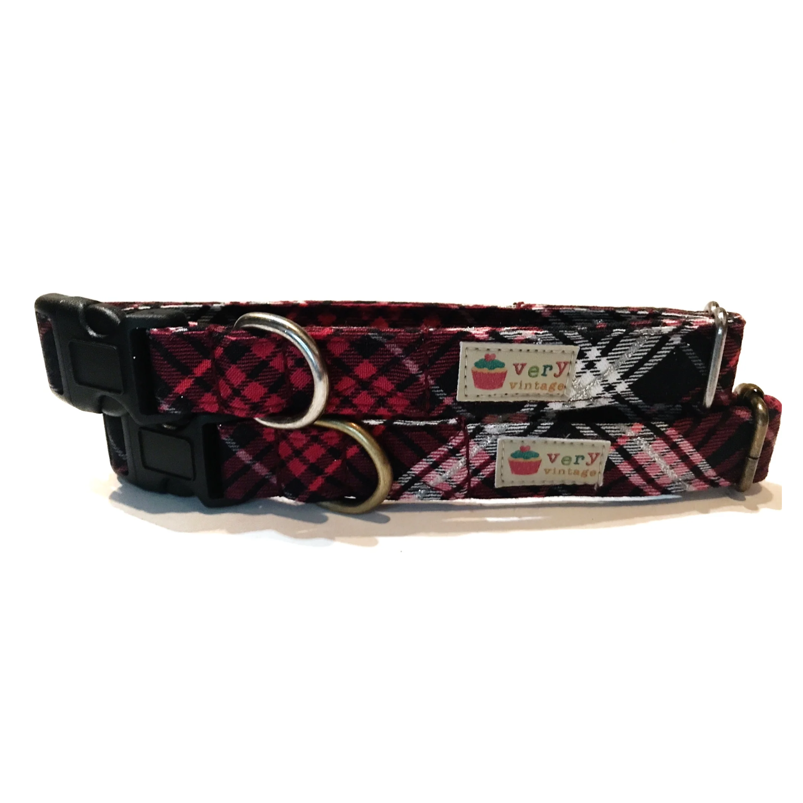 Plaid dog collar with visible brand label on a white background