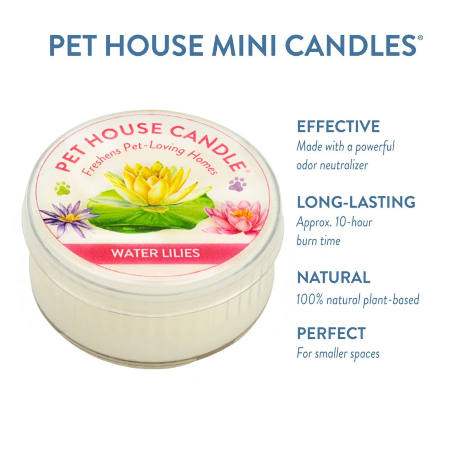 Pet House Mini Candle with water lilies design on a white background