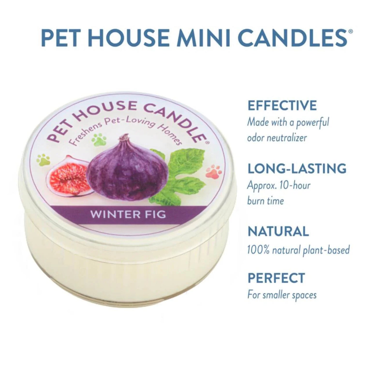 Pet House Mini Candle labeled 'Winter Fig' with product features on a white background