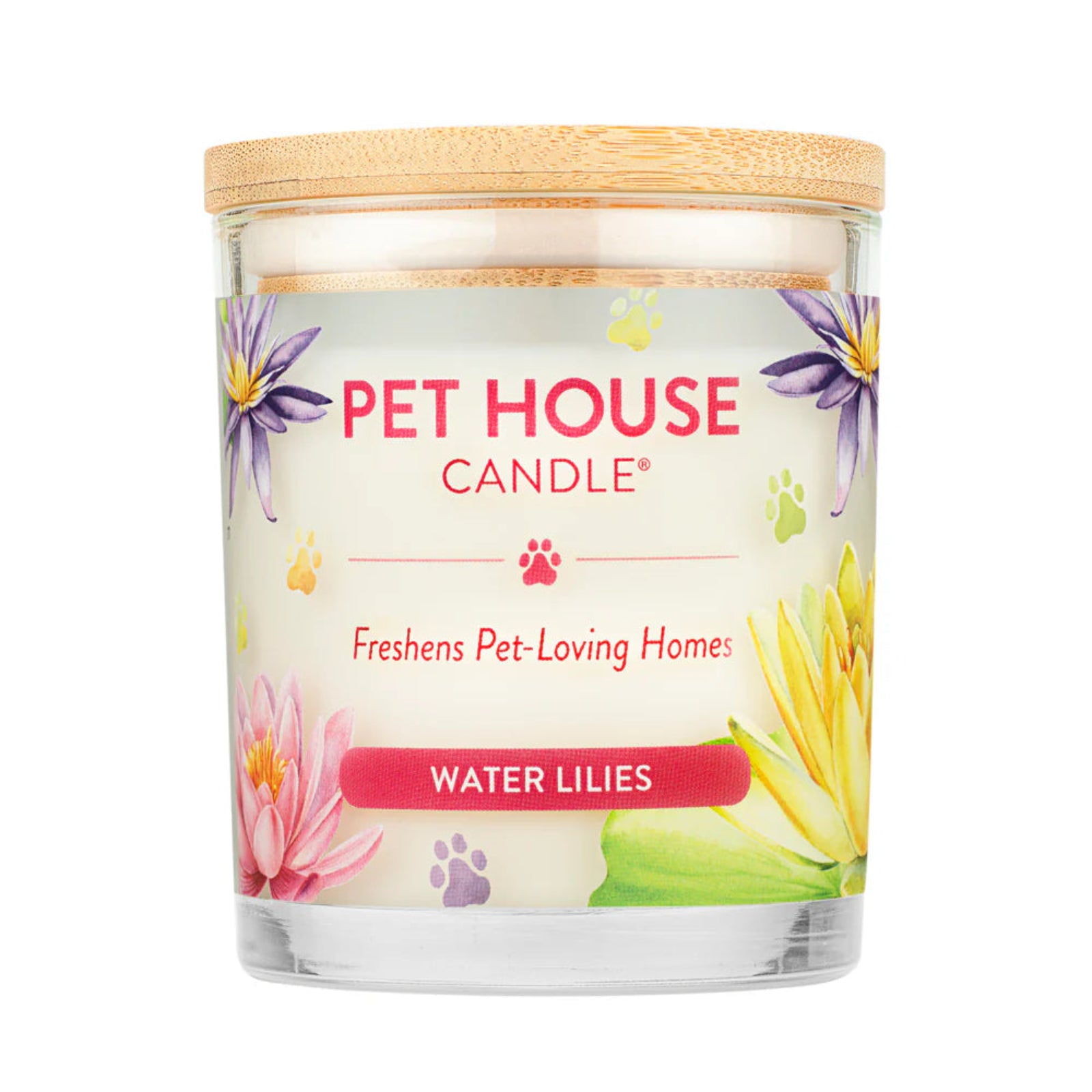 Pet House Candle with water lilies design on a white background