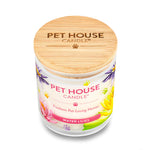Pet House Candle with floral design and wooden lid on a white background