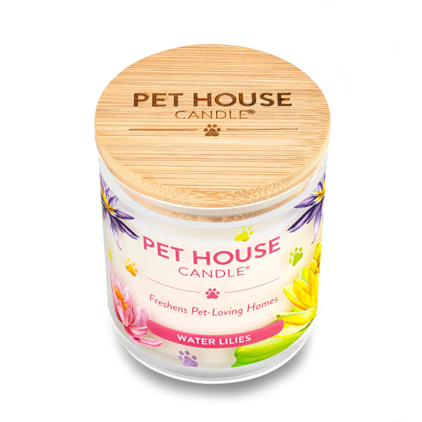 Pet House Candle with floral design and wooden lid on a white background