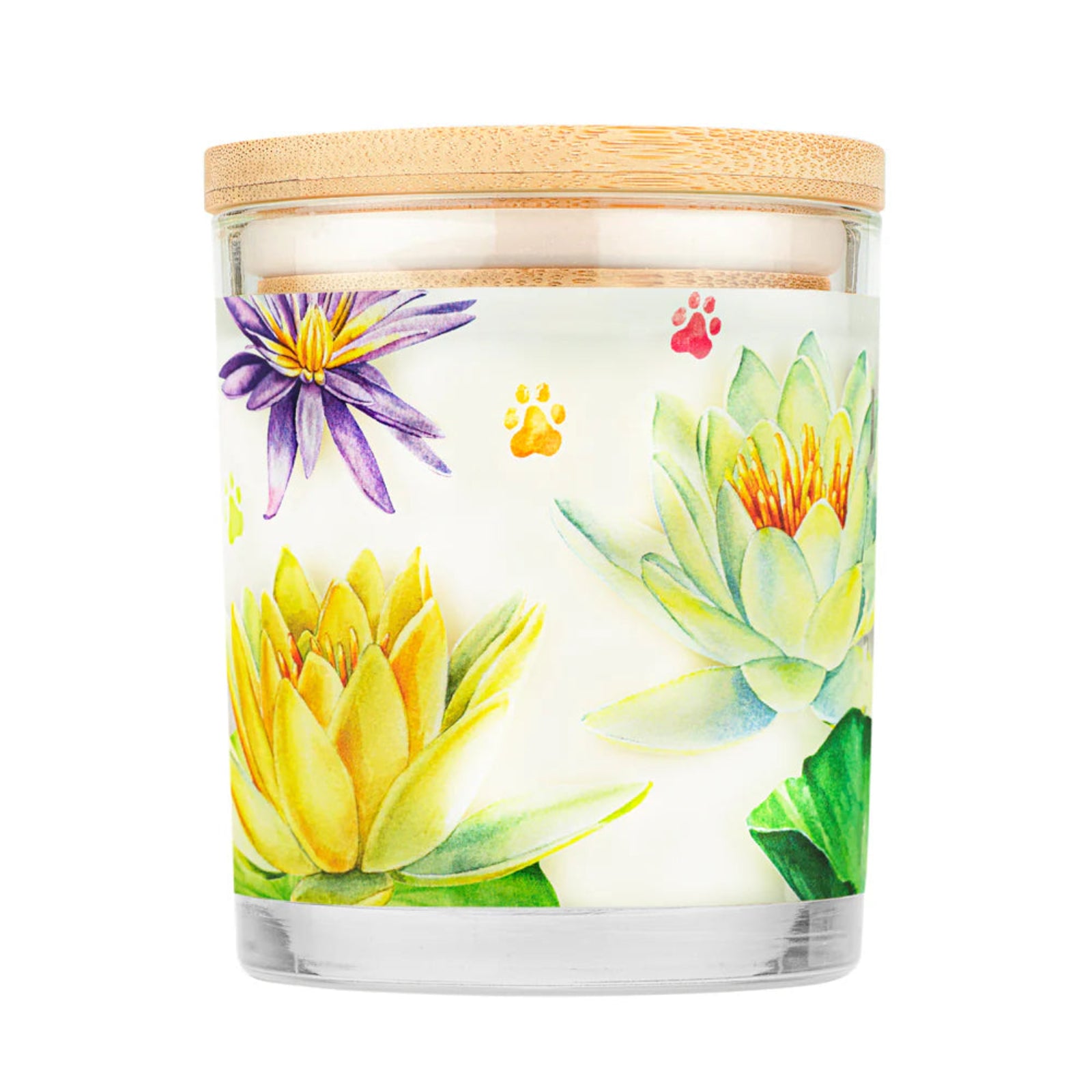 Candle with floral design and wooden lid on a white background