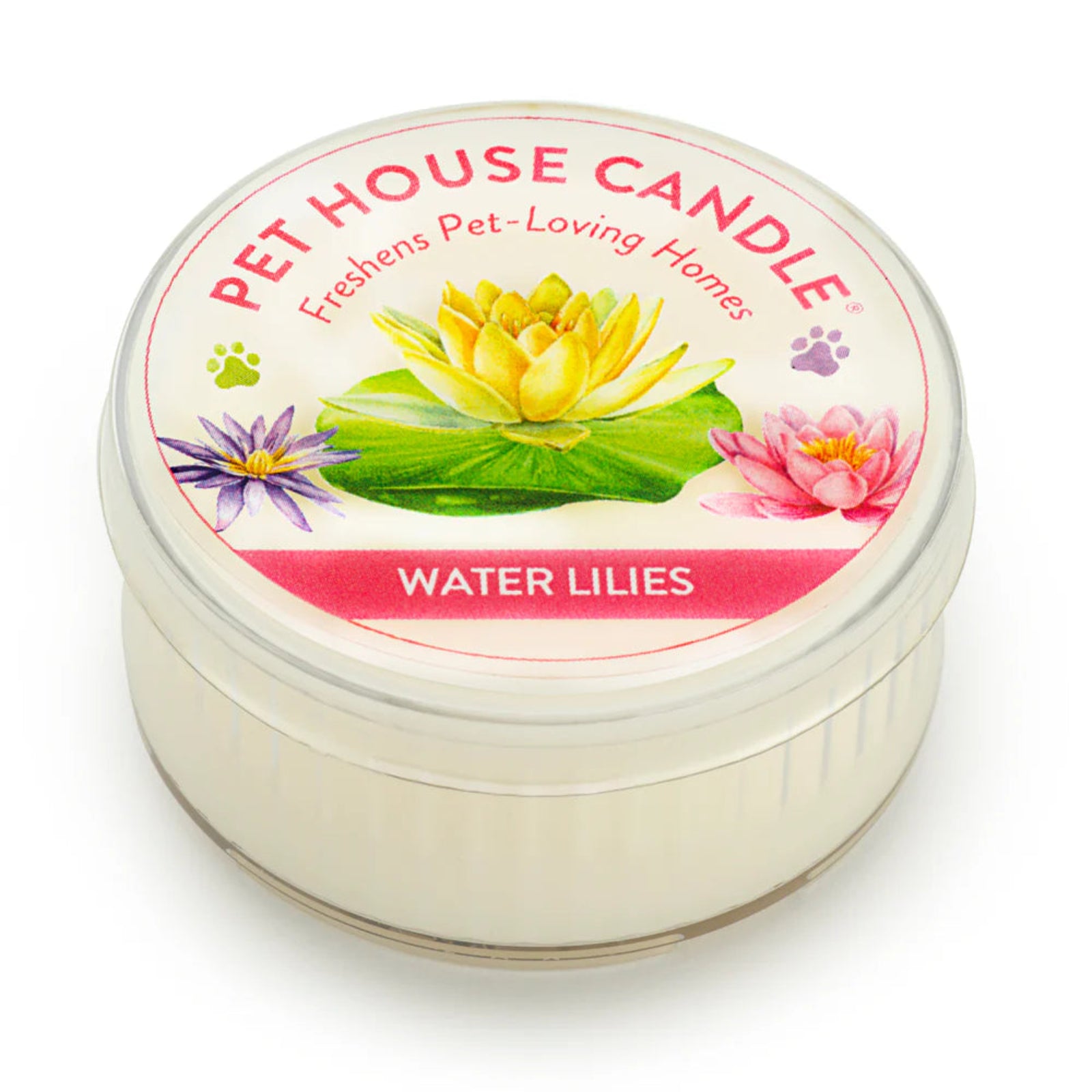 Pet House Candle with water lilies design on a white background